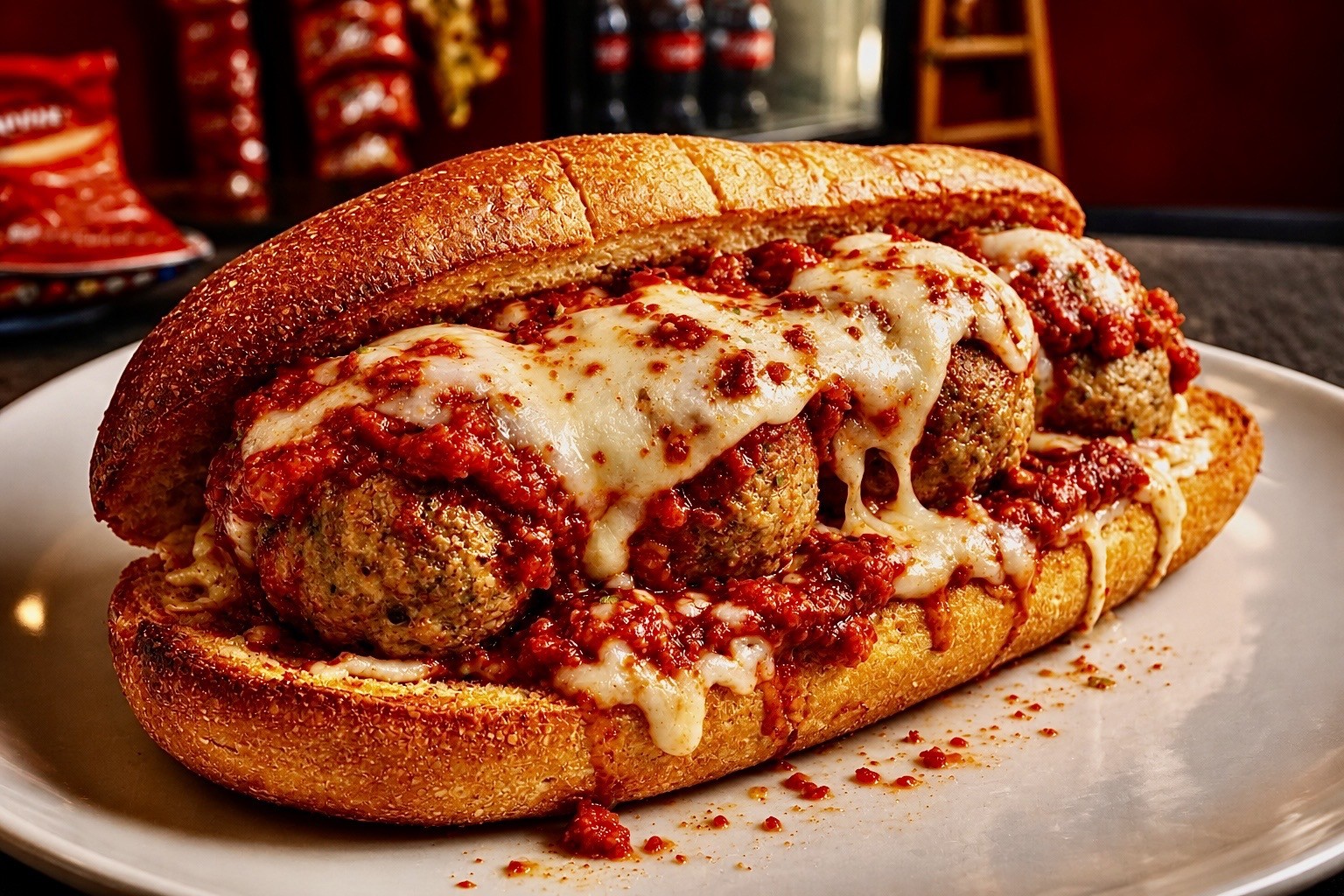 Meatball sub with marinara and melted cheese from Porky's Pizza